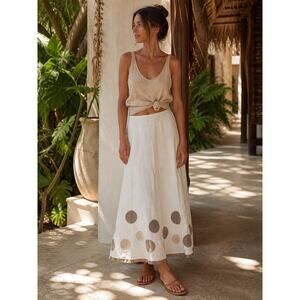 Boden Linen A-Line Skirt Womens US 16 L Ivory Embroidered Circle Hem Boho Midi